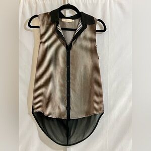Elodie Tan and Black Striped Asymmetrical Sheer back Sleeveless Blouse Size XS